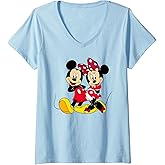 Womens Disney Big Mickey and Minnie Mouse V-Neck T-Shirt, Blue, Small