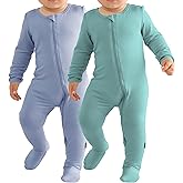 Ekkimy Baby Bamboo Rayon Romper Infant Footies Long Sleeve Double Zipper Outfits 2-Pack One-Piece Jumpsuits