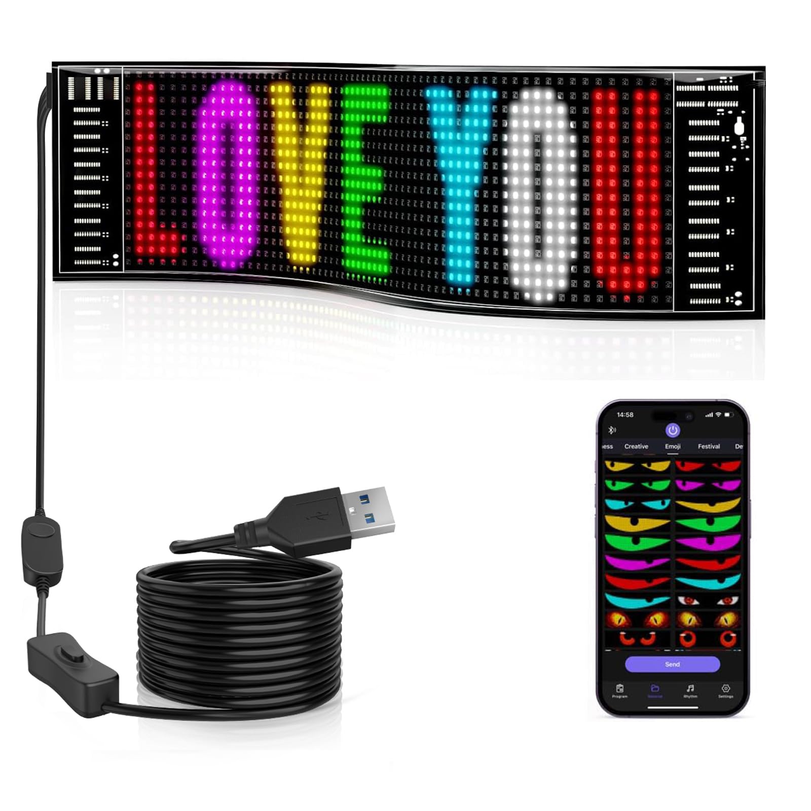 Qnoavve Scrolling Bright Advertising LED Sign, 14.6"x3.6" Flexible USB 5V Customizable Matrix Panel, Bluetooth App Control Programmable led Display for Store Bar Hotel — image 1