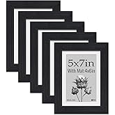 VCK 5x7 Picture Frame 5 Pack, Natural Wood Grain Black Oak & HD Glass, Display 4x6 Photos with Mat or 5x7 without Mat, Tabletop or Wall Hanging