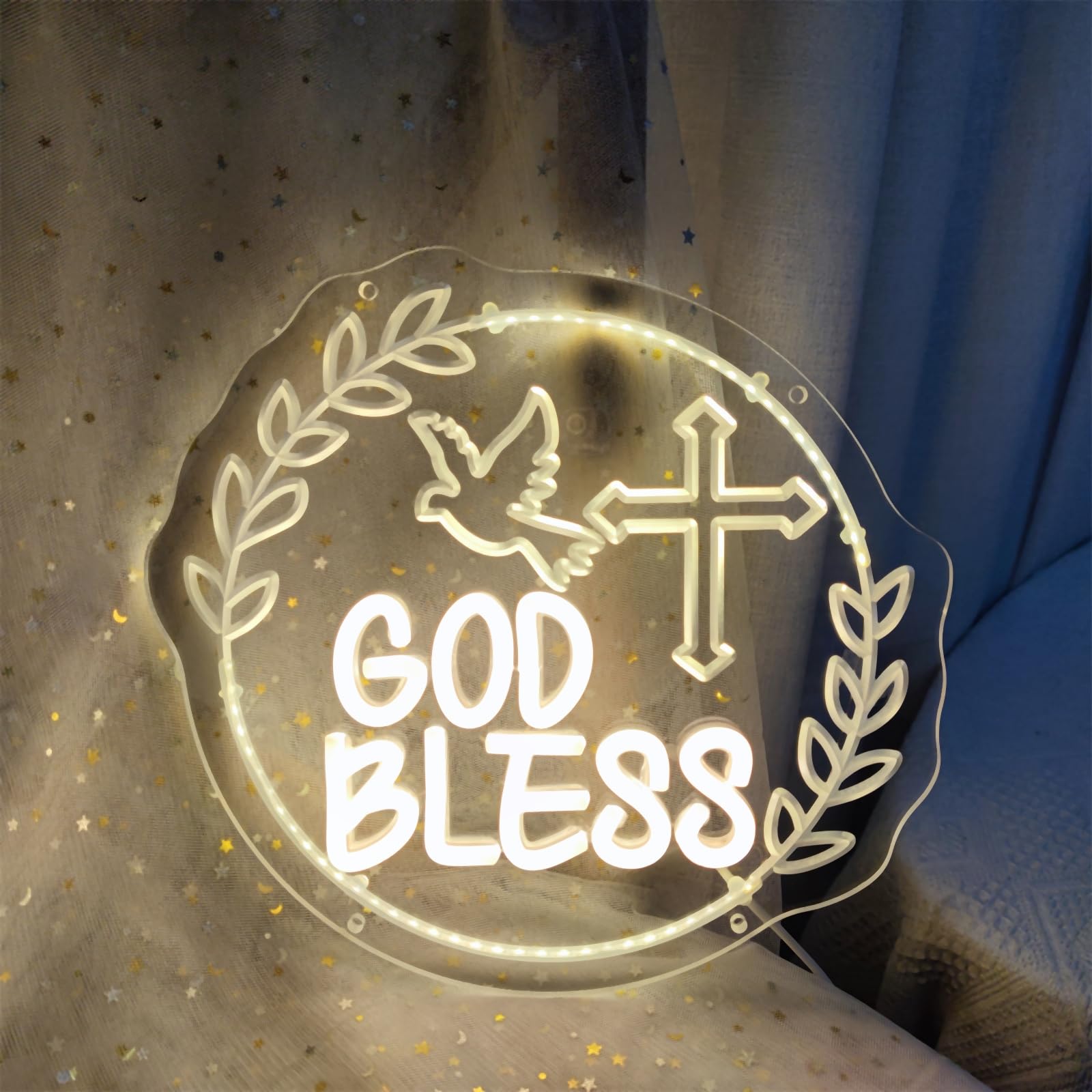 Photo 1 of God Bless Neon Sign Baptism Sign Neon LED Sign God Bless Baptism Decorations Primera Comunion God First Holy Communion Decorations for Baptism Party, 9" x 9"