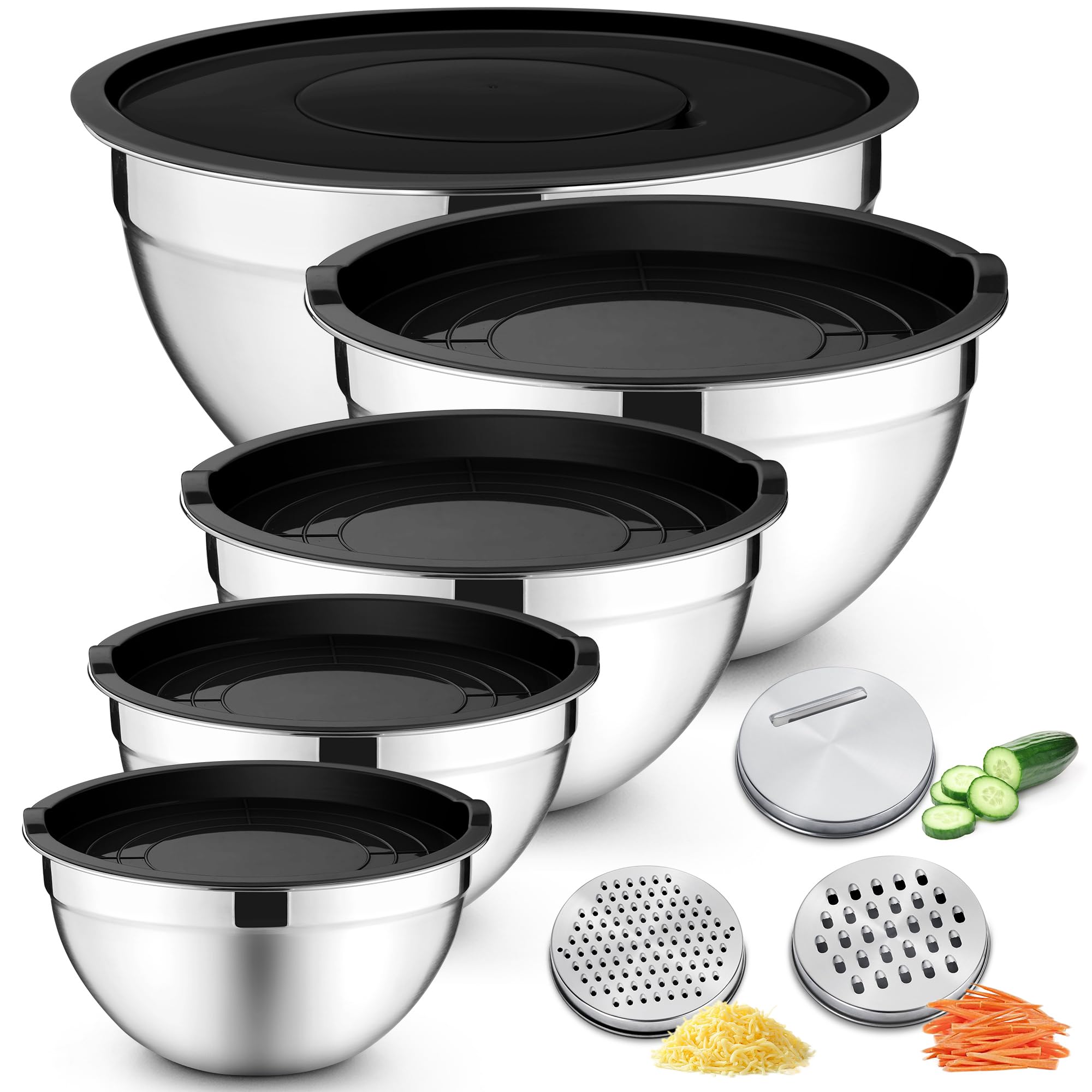 Joyfair Mixing Bowls Set of 5, Stainless Steel Nesting Bowl with Airtight Lids, 3 Grater Attachments & Metal Salad Storage Set for Baking Serving Mixing Prepping, Size 0.7/1.2/1.6/2.5/2.8/4.6QT, Black