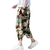 DOSLAVIDA Men's Casual Elastic Waist Linen Capri Pants Wide Leg Baggy Cotton Harem Yoga Trousers Loose Patchwork Short