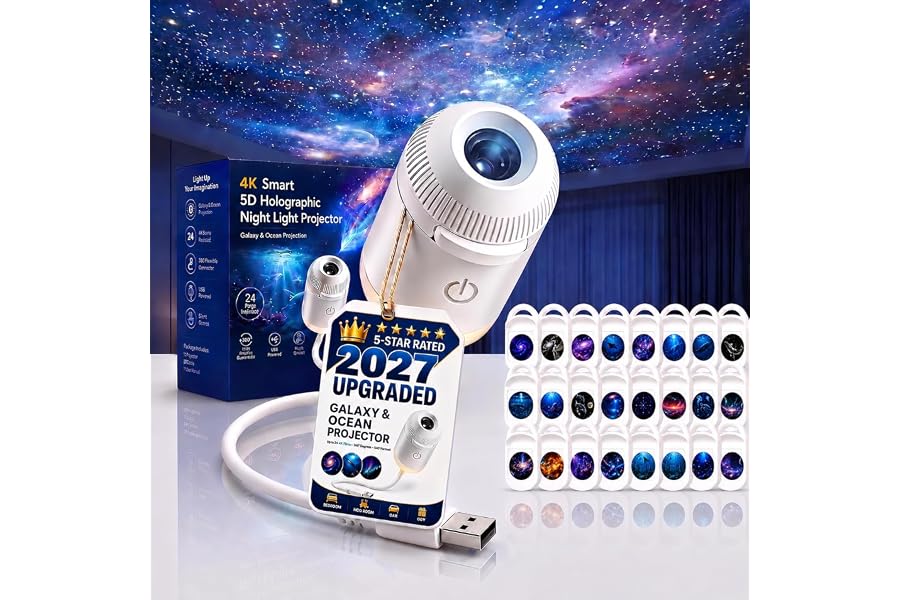 Galaxy Projector, Ocean Projector, 5D Holographic Night Light Projector, Plug and Play Hd Star Projector, 360° Adjustable Hd Galaxy and Ocean Projector for Bedroom Ceiling