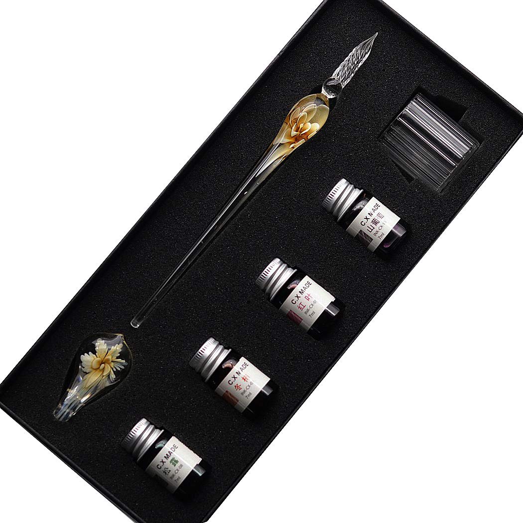 SIPLIV Handmade Crystal Glass Intarsia Dip Pen Fountain Pen Kit Calligraphy Signatures Pen with 4 Colors Ink, Pen Holder, Cleaning Cup, Yellow