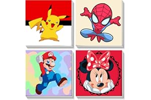 xackcme 4 Pack Cartoon Paint by Number for Kids with Wooden Frame-Cartoon Paint by Numbers for Kids Ages 4-8-12,Easy Paint with Numbers DIY Acrylic Oil Painting Kits for Home Wall Decor(8X8inch)