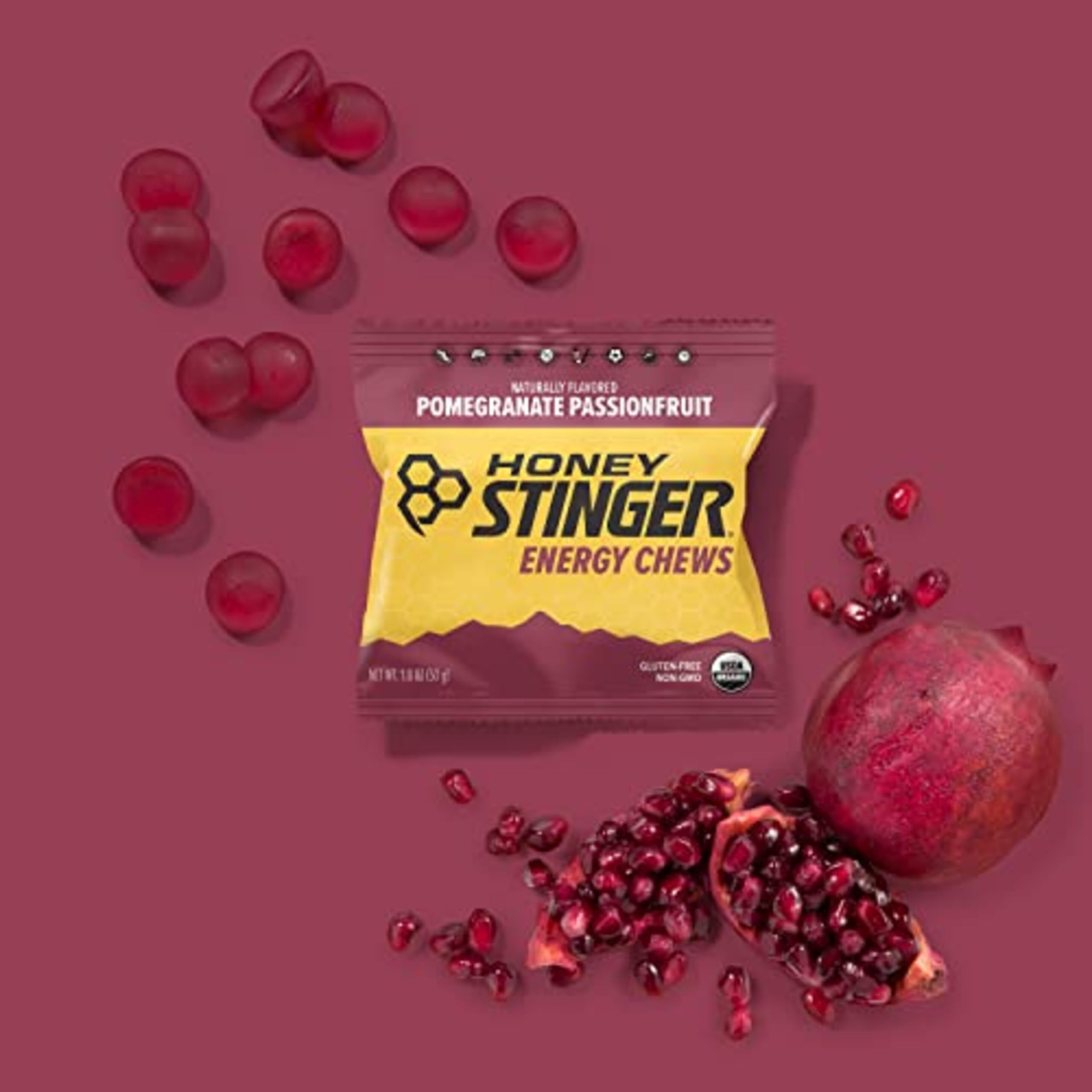 Honey Stinger Organic Pomegranate Passionfruit Energy Chew, Gluten Free & Caffeine Free, for Exercise, Running and Performance, Sports Nutrition for Home & Gym, Pre and Mid Workout, 12 Pack