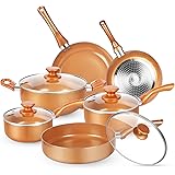 KUTIME 10pcs Cookware Set, Pots and Pans Set, Non-stick Frying Pan Set Copper Ceramic Coating Stock Pot, Sauce Pans, Deep Sau