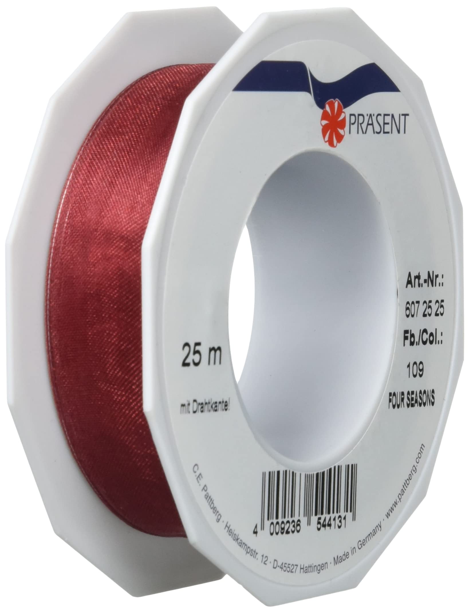 PRÄSENT - Four Seasons Organza wired edge Ribbon Ruby Red 25 mm width, 25 m length — image 1