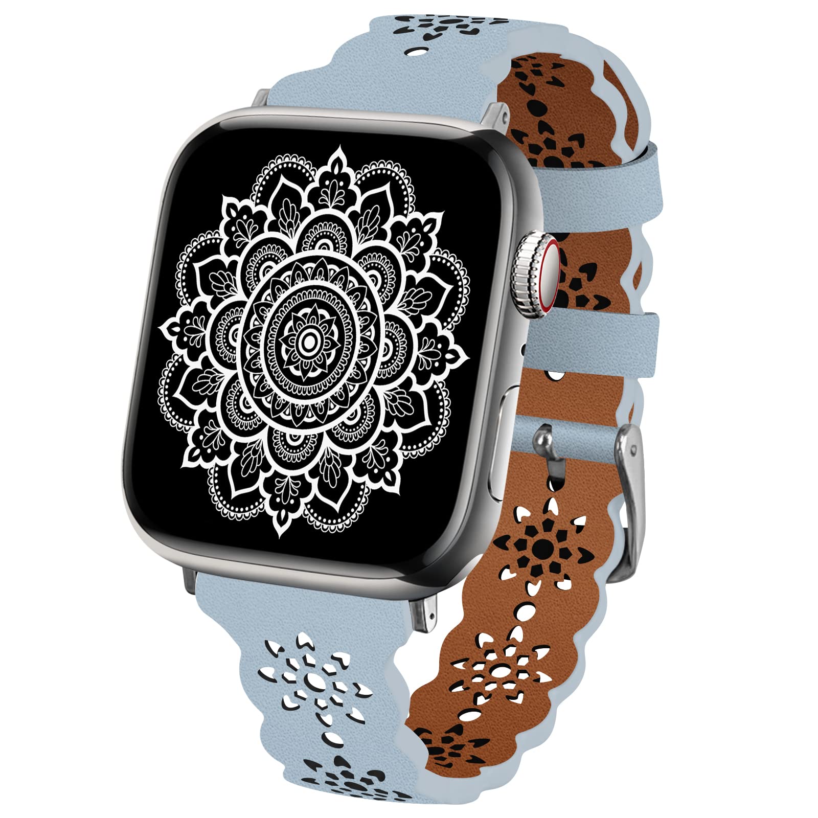 TopPerfekt Lace Leather strap Compatible Apple Watch 42mm 44mm 45mm 49mm Women Ultra Thin hollow out Breathable Leather strap Classic Clasp for iWatch Collection Ultra SE 8 7 6 5 4 3 2 1 light blue
