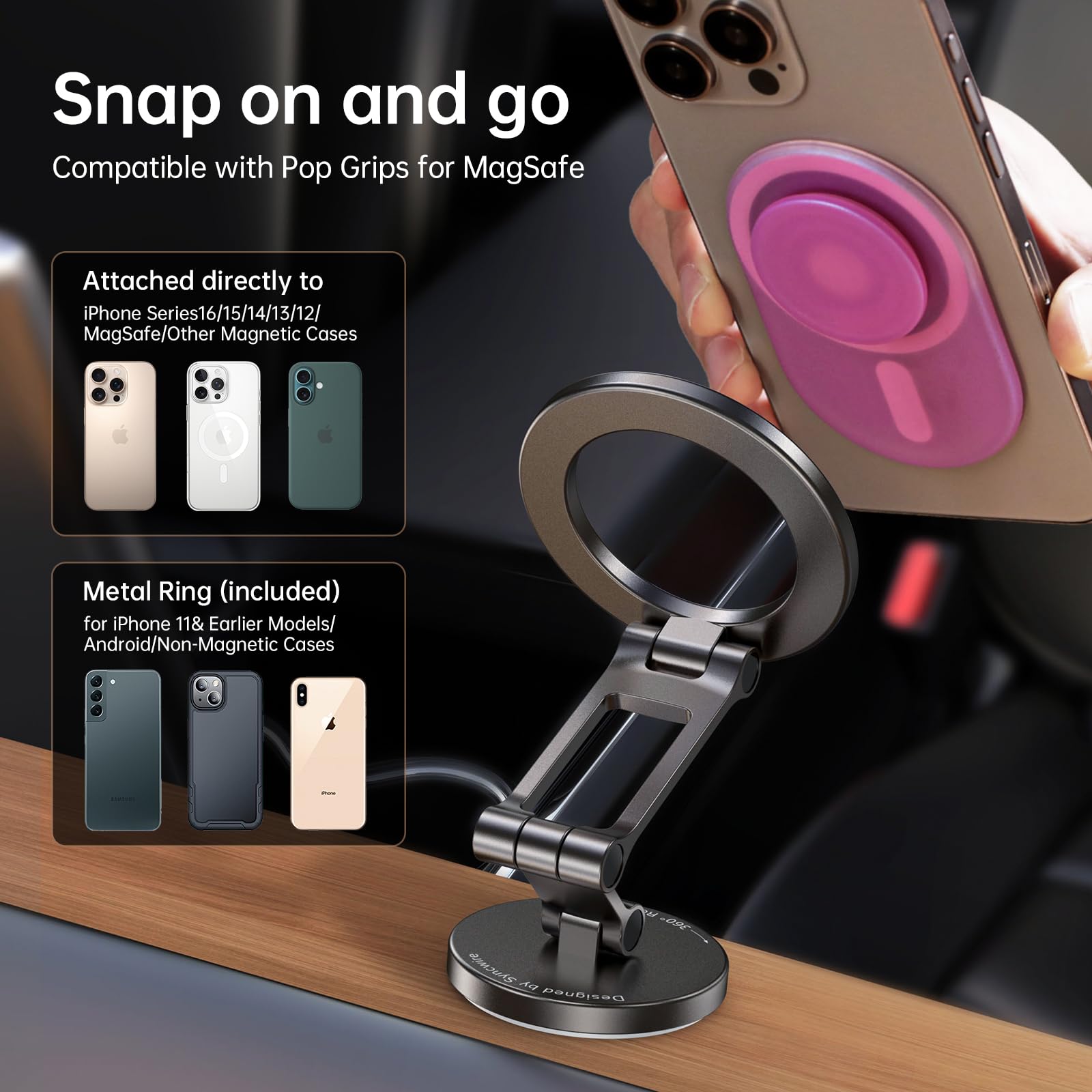 Syncwire Fits MagSafe Car Mount for Car Dash&Tesla Screen[All-Metal] Magnetic Phone Holder, [Flexible Three-axis]360° Rotation Car Mount Strong Magnets Car Phone Holder for iPhone 17 16 15 14 Pro Max