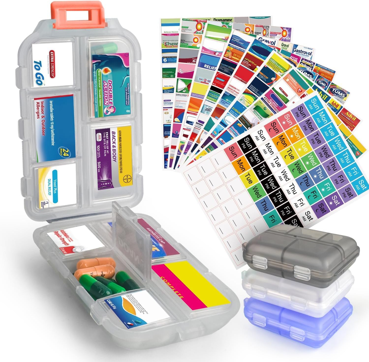 Photo 1 of 3 Pcs DIY Travel Pill Organizer with Labels Pocket Pharmacy, 3 Pill Box & 420 Medicine Labels, Portable Travel Essentials Mini Pill Container 7 Day Pill Case Storage Vitamin Fish Oil (Set A)