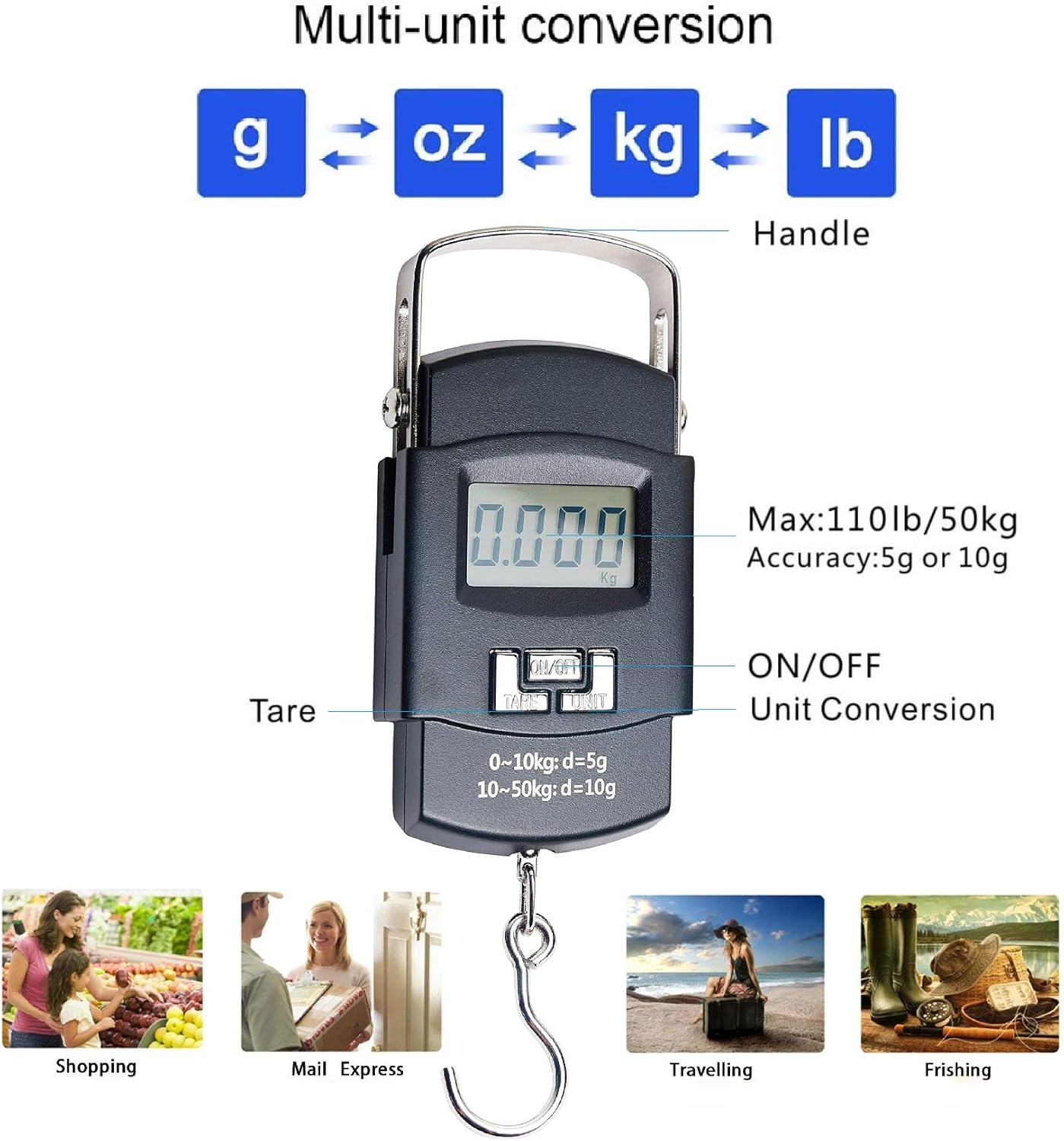Rhorawill Portable Handheld Travel Luggage Electronic Scale, Digital LCD Hanging Suitcase Weighting Scale 110lbs with Tare Backlight Function Gift For Traveler, Silver, Fishing Luggage: Kitchen & Dining