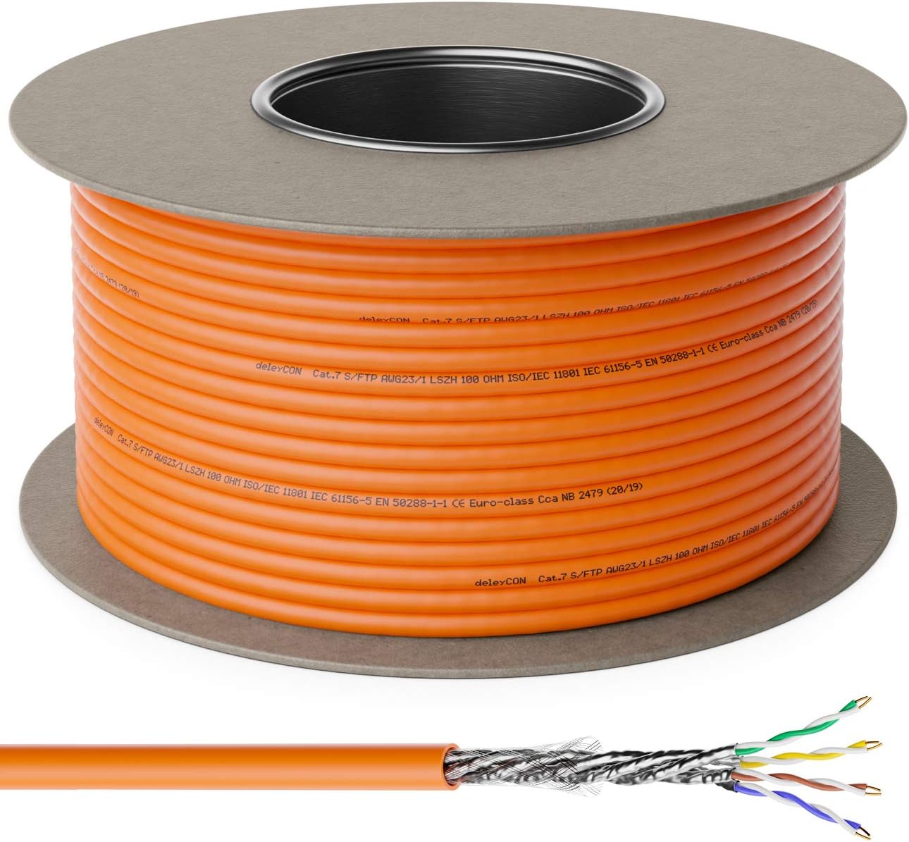 deleyCON 100m (328.08 ft.) CAT.7 Installation Cable Copper Rigid S/FTP PIMF Network Installation LAN Ethernet Data Cable Gigabit CAT7 10Gbit 1000MHz LSZH Halogen Free Declaration of Performance