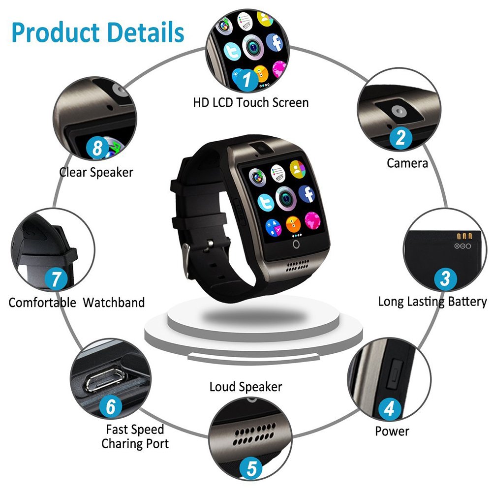 Bluetooth Smart Watch,gearlifee Android IOS Curved-Screen Smartwatch Smartphone Fitness Tracker Watch for Men,with Camera,SIM TF Card Slot,Pedometer,Sleep Monitor for iPhone,Sumsang,Huawei,Sony,LG,Google,HTC,Xiaomi(Black)