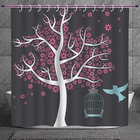 Stylish Shower Curtain 2 0 Tree Tree With Bird Cage And A Bird