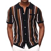 Men’s Short Sleeve Knit Shirt Vintage Stripe Lapel Collar Polo Shirt