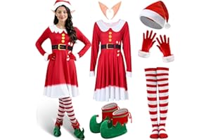 Breathffy 10 Pcs Christmas Elf Costumes for Women Christmas Elf Outfit Dress Shoes Accessories for Adult Holiday Cosplay