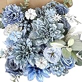 Dusty Blue Artificial Flowers Combo Box Set Silk Roses Dahlia with Stems DIY Bridal Wedding Bouquets Navy Royal Blue Cake Fake Floral Arrangements Baby Shower Party Table Centerpieces Home Decor Bulks