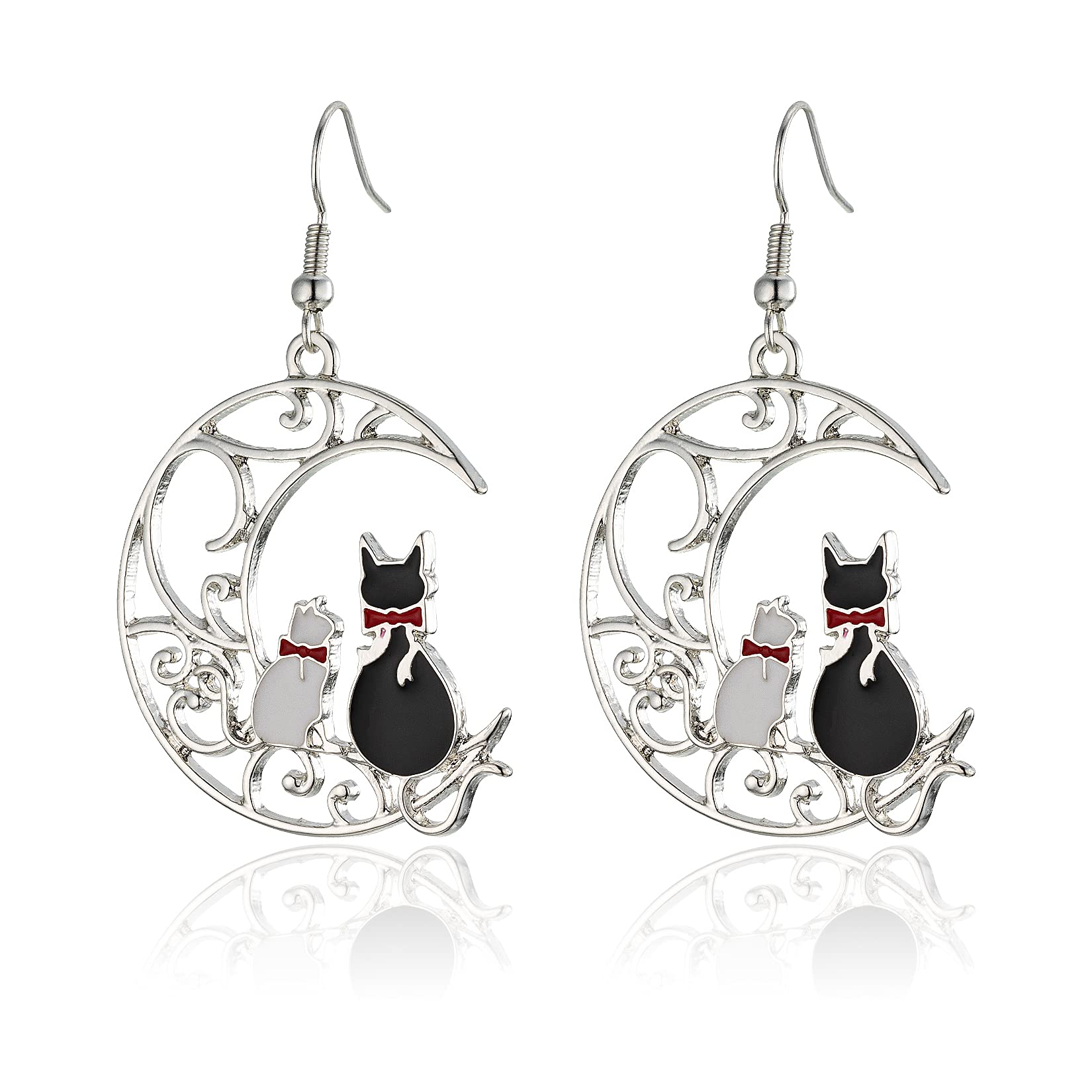 Halloween Cat Moon Earrings Black and White Cats Lovers Gift for Women, One Size (MPJ 7)