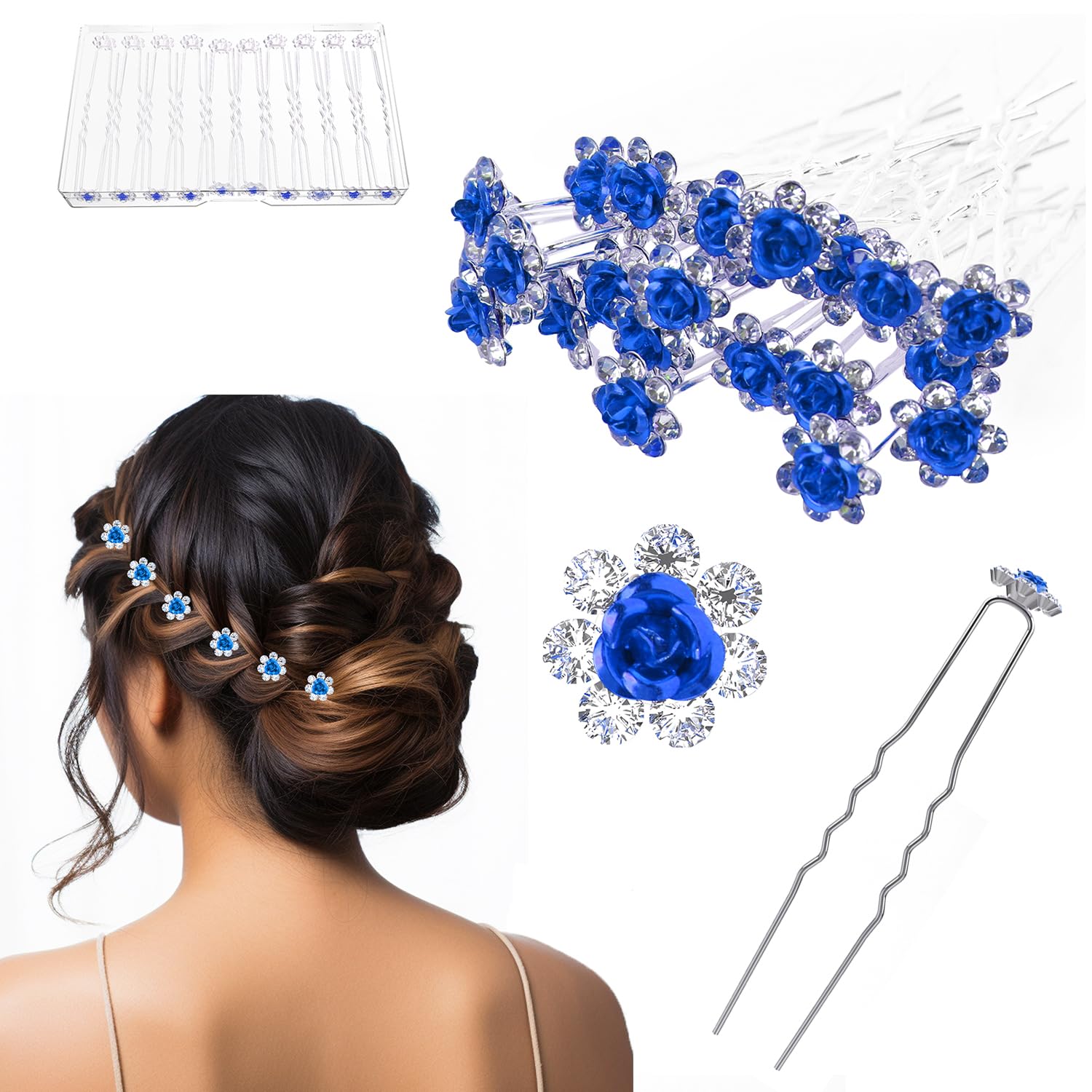 UHOMENY 25pcs Bridal Wedding Hair Pins with Crystal Rose Flower Crystal Diamante Rose Flower Rhinestone Hair Pins Clips for Bridal Wedding Women Hair Accessories (Blue)