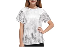 Sequin Dance T Shirts for Girls 2026 Fashion Shimmer Shirt Short Sleeve Tees Sparkly Glitter Crew Neck Tops for Kids