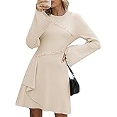 ZAFUL Womens Long Sleeve Sweater Dresses Fall Casual Crew Neck A Line Ribbed Knit Button Mini Pullover Dress Trendy 2025