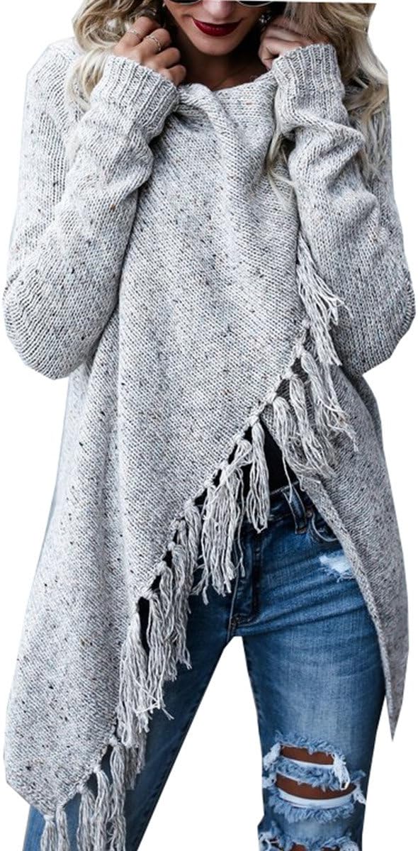Gtealife Women's Speckled Fringe Cardigan Crew Neck Knited Tassels Slash Sweater Coat Outwear