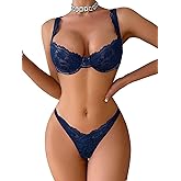 Lilosy Sexy Floral Lace Scallop Underwire Push Up Sheer Lingerie Set Outfits