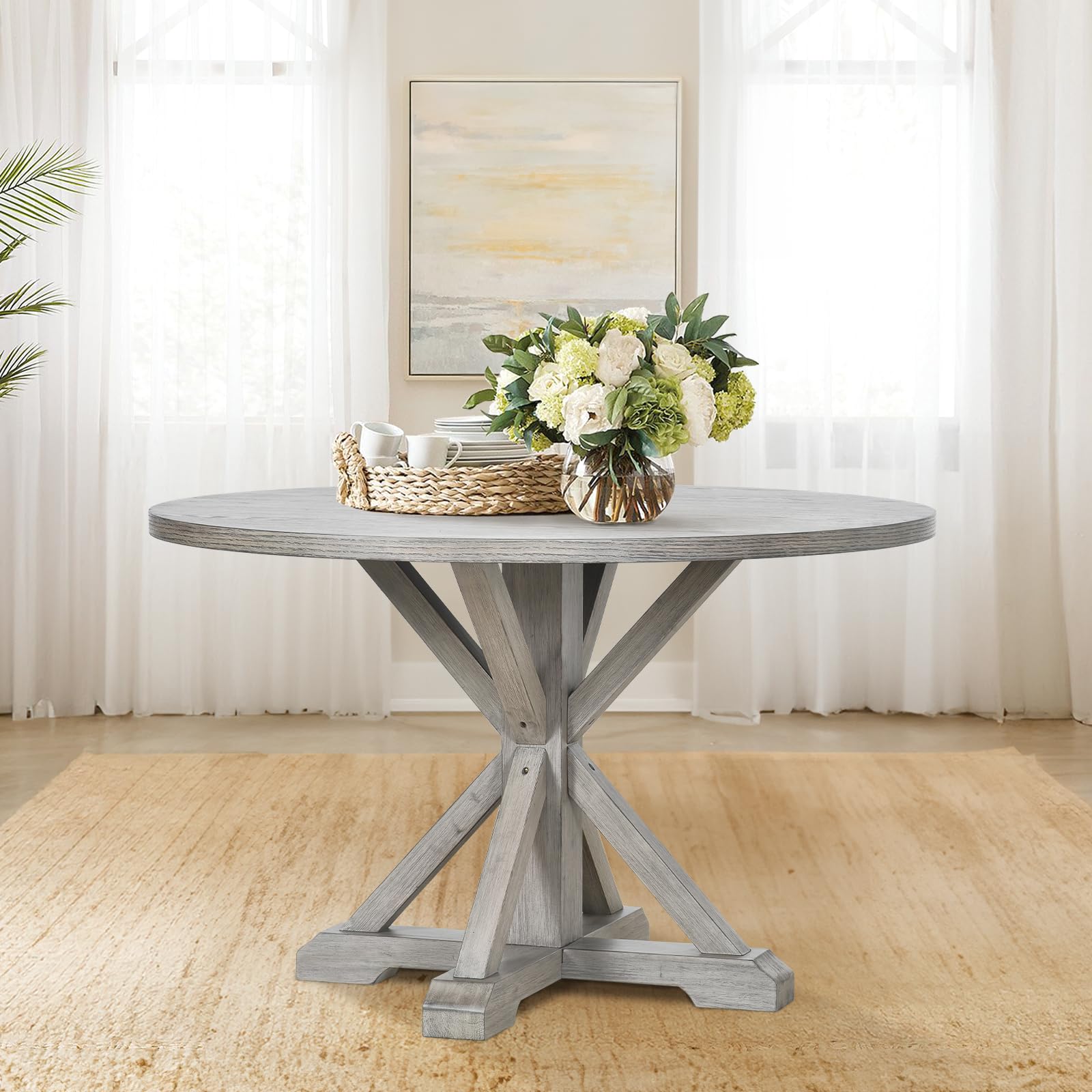 Photo 1 of COLAMY 45 Inch Round Wood Dining Table for 4, Kitchen & Dining Table for Chairs with Wooden Trestle Pedestal Base,4-6 Person Dining Table for Kitchen, Dining Room, Restaurant(Grey)