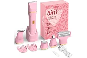 KINGTEE 5-in-1 Electric Bikini Trimmer for Women – IPX7 Waterproof Shaver, Cordless Body & Facial Razors for Women, Ceramic Blades, USB-C Rechargeable, Painless Hair Removal Kit (Pink)