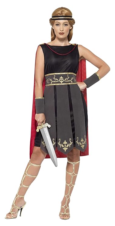 Smiffys 45496S - Damen Römische Kriegerin Kostüm, Kleid mit Umhang, Arm Stulpen und Haarband, Größe: 36-38, schwarz