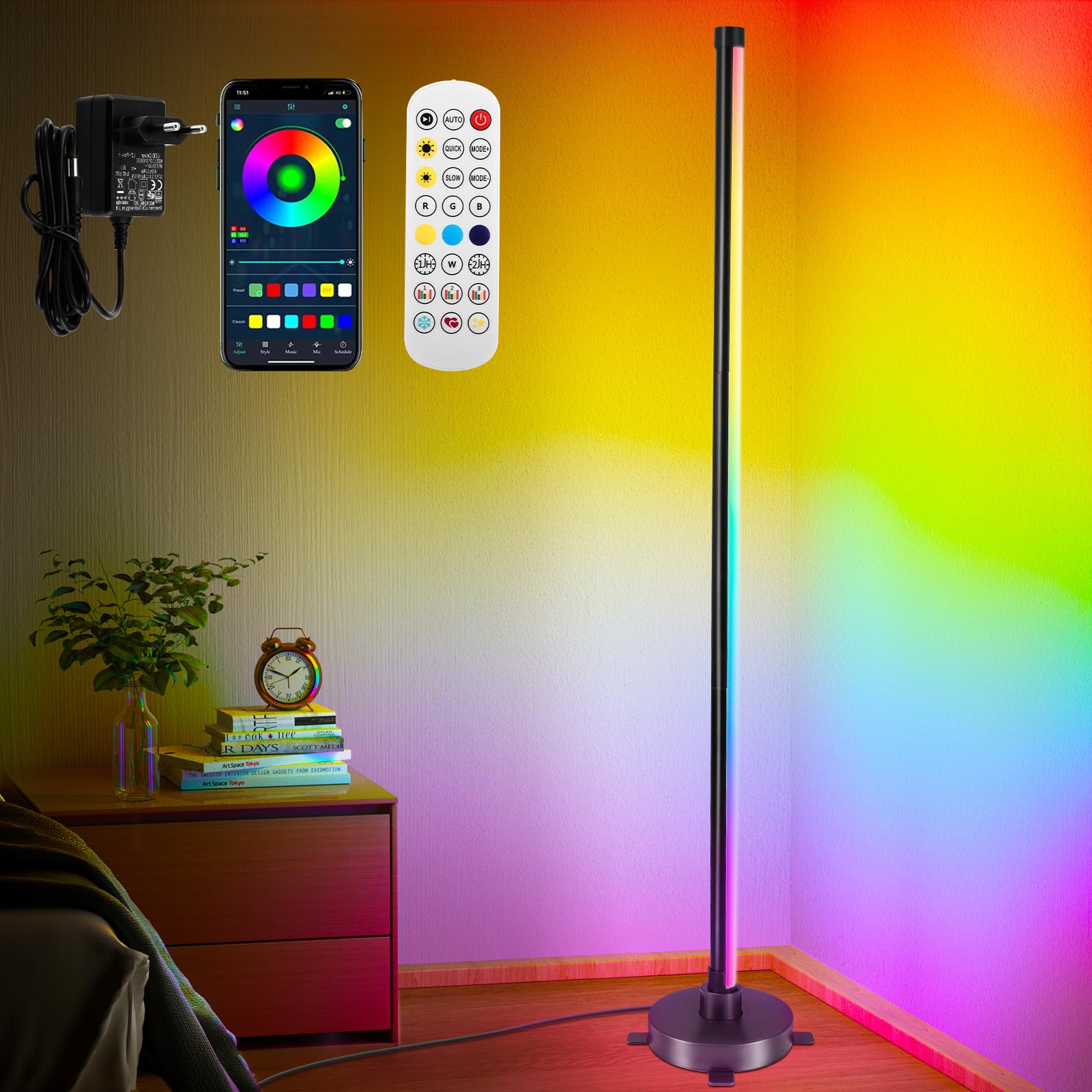 UrbanHomes Corner Floor Lamp LED, 57'' RGB Corner Light, Smart Modern Standing Lamp with APP/Remote Control/Music Sync/16 Million DIY Colours/Dimmable Colour Changing Lamps for Living Room Bedroom