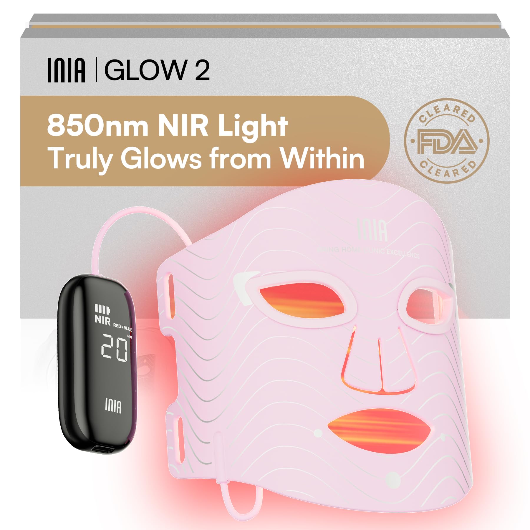 Photo 1 of INIA Red Light Therapy Mask for Face – 4 Light Modes with 850nm NIR, Red & Blue LED Light Therapy, 2600mAh Rechargeable LED Face Mask for Radiant Glow at Home, Pink