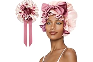 Vettres Bonnet for Sleeping, Satin Silk Hair Shower Cap Women 2025 Tie Band Adjustable Straps Head Wrap for Curly Hair Pink F