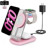 2026 Travel Wireless Fast Charging Station,Magnetic 3 in 1 Charger with Light for iPhone16 15 14 13 12 Pro Max Plus,Apple Watch Series & Air pods 4 3 2 Pro-Gifts for Wife & Husband(Pink)