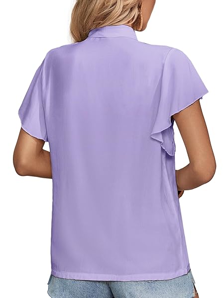 ROOSCIER WOMEN’S BOW TIE NECK RUFFLE SHORT SLEEVE VINTAGE RETRO WORK BLOUSE TOP LIGHT PURPLE LARGE
