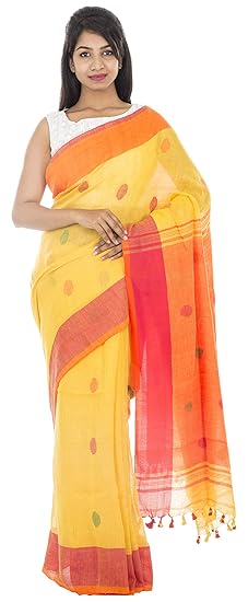 Linen 100 count Pure and Soft in Yellow and Orange Womens Linen Saree with Blouse Piece (Free Size)