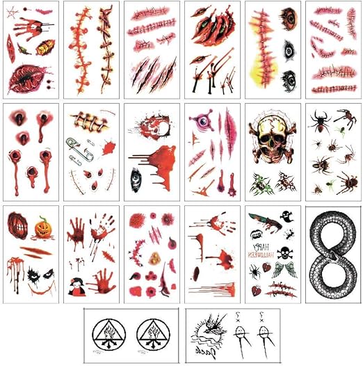 Tatuaggi Temporanei Halloween CARGEN - 4 Fogli Cicatrici E Sangue Finto Realistico