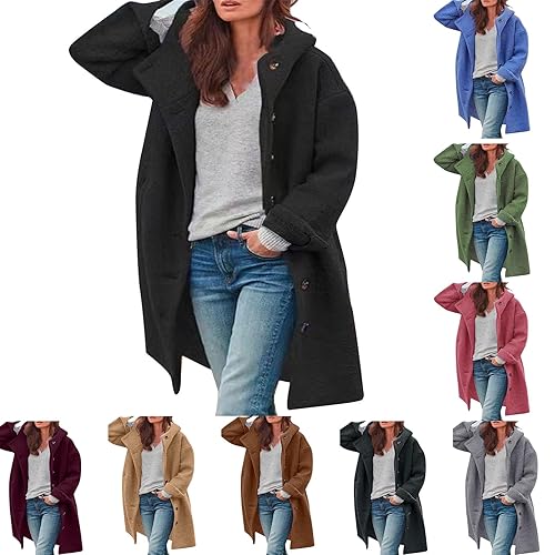 Womens Black Coat Trench Coats for Women Winter Wool Blend Coat Lapel Jackets Ladies Casual Loose Jacket Windproof Windbreaker Outerwear with Pockets Women Winter Jacket