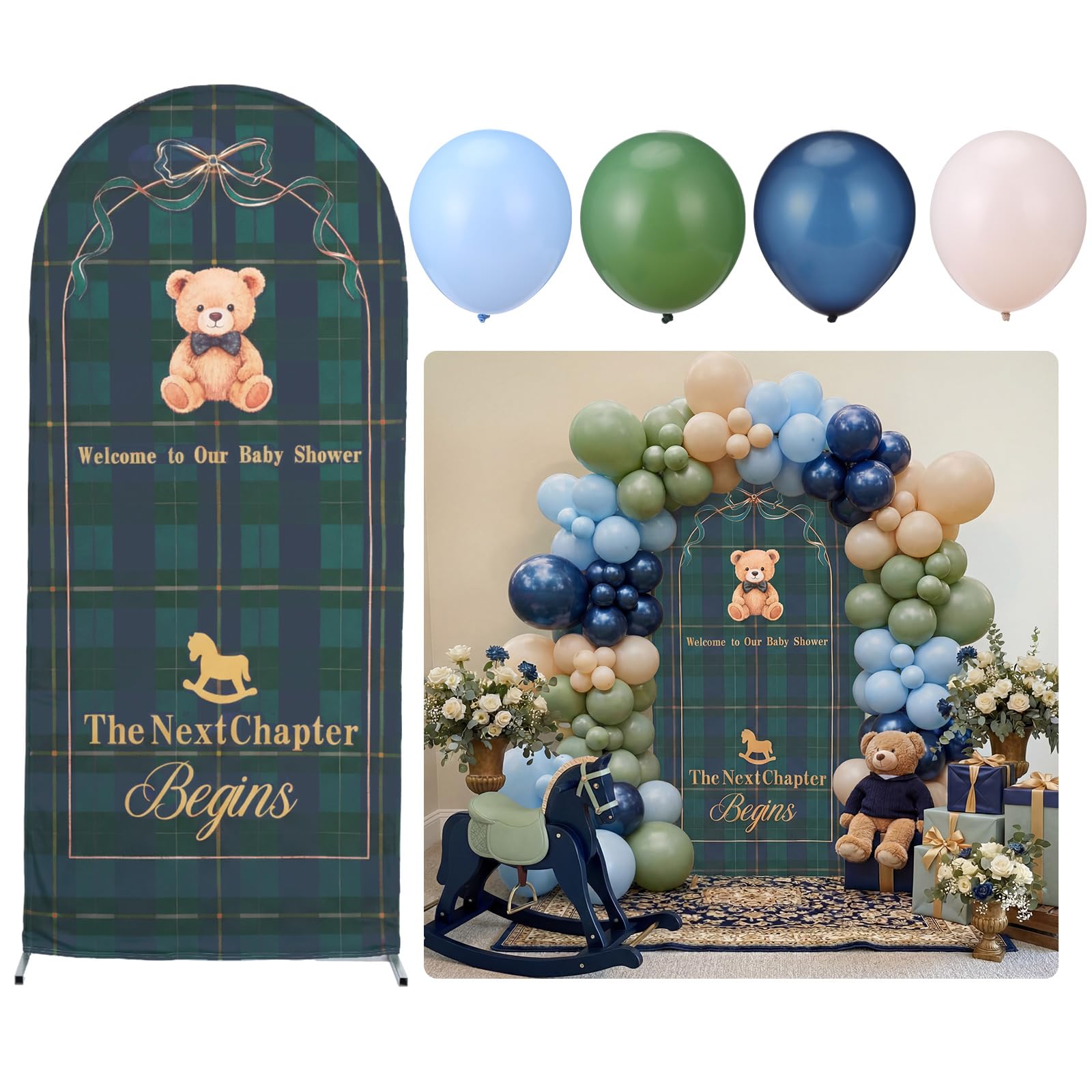 Photo 1 of Teyva Daily 7.2ft Tartan Plaids Bear Arch Backdrop Cover, 146 Pcs Equestrian Plaid Bear Balloons Baby Shower Decorations for Baby Shower Party Gender Reveal Decoration