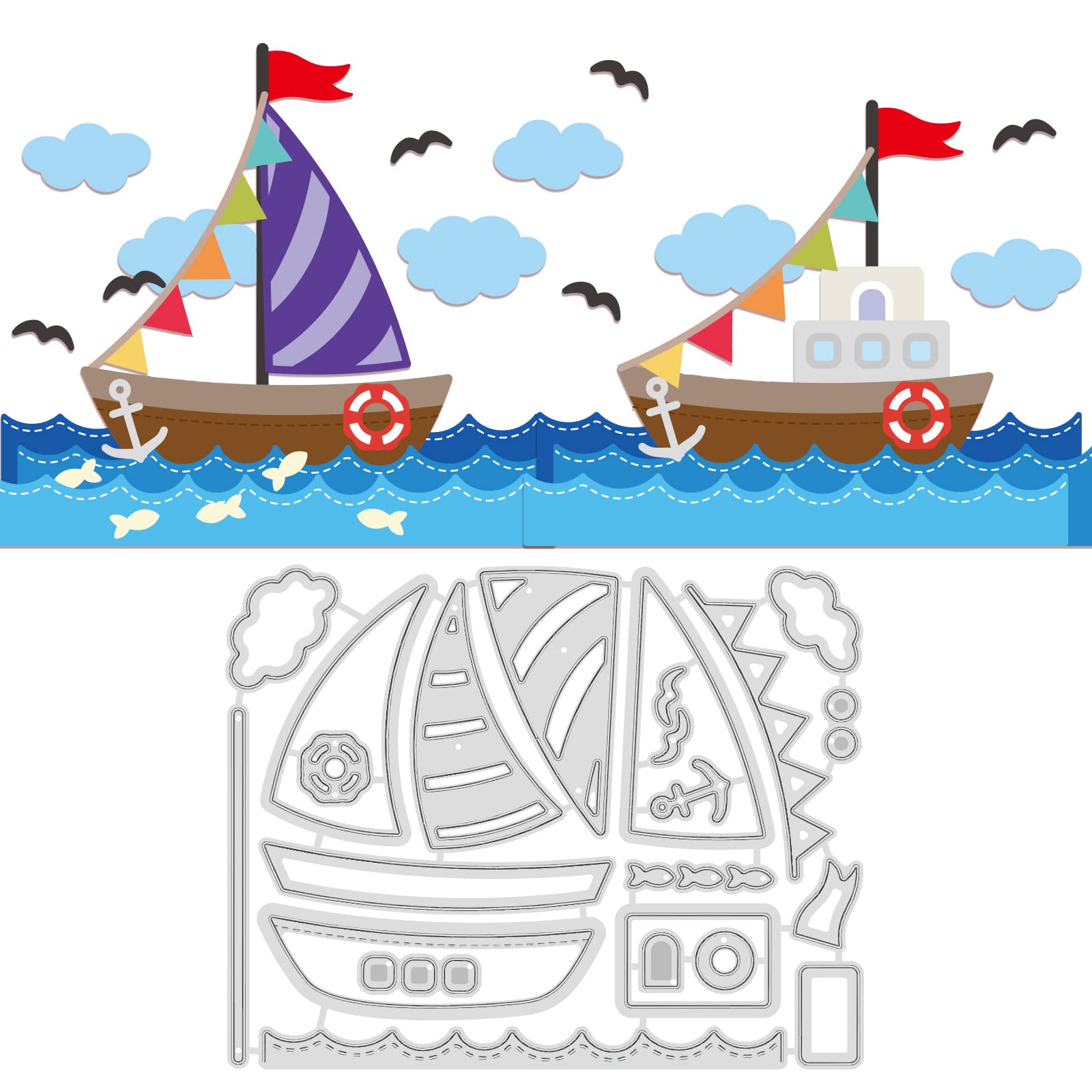 GLOBLELAND Sailboats Cutting Dies Metal Ocean Theme Embossing Stencils Die Cuts for Paper Card Making Decoration DIY Scrapbooking Album Craft Decor