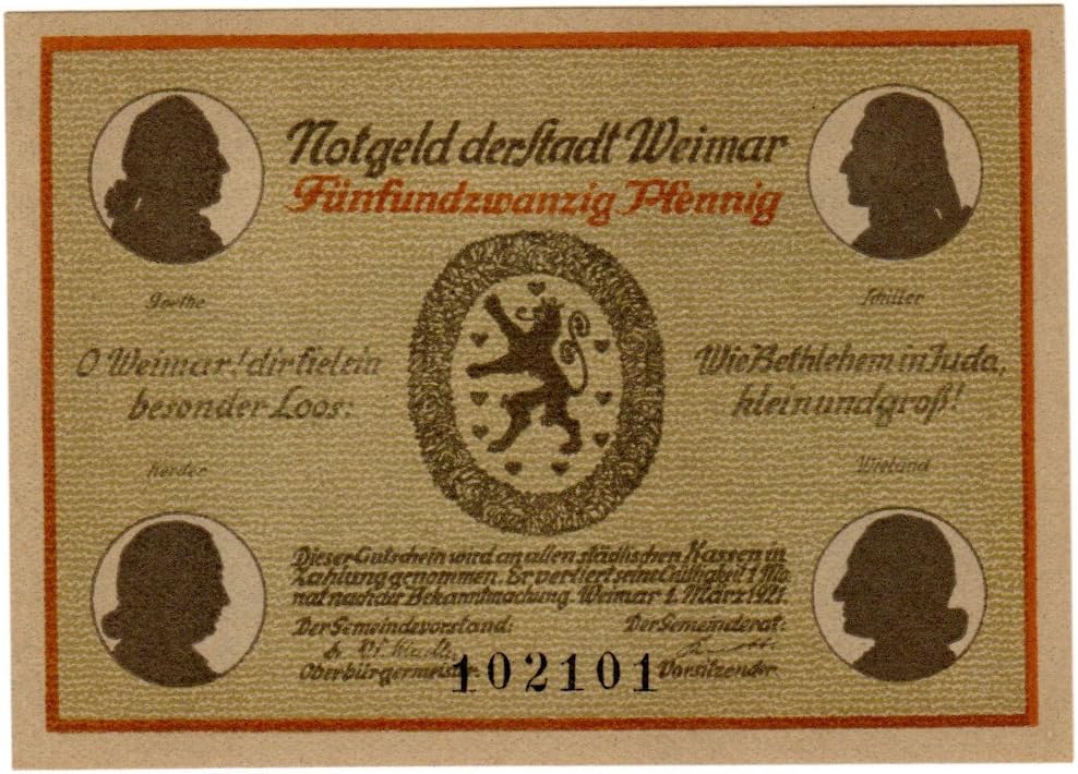 Banknoten 25 Pfennig Notgeld (Emergency money) of the town Weimar, 1921, No. 102101, Goethehaus am Frauenplan (House of Goethe)