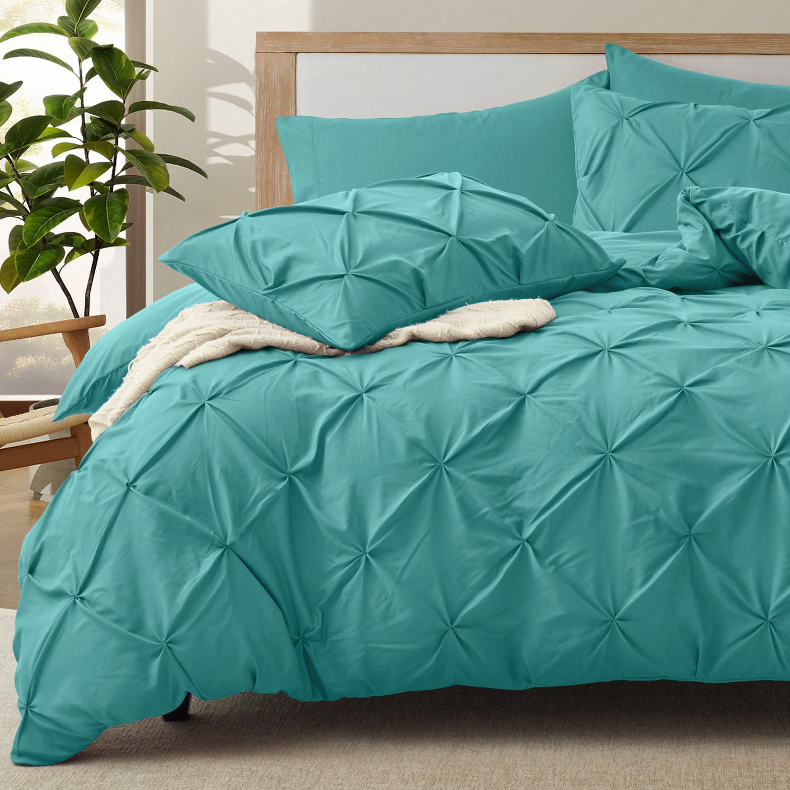 Photo 1 of VACVELT 5 Piece Pinch Pleated Duvet Cover Full/Queen Size Set, Teal Pintuck Duvet Cover with Zipper & 8 Ties, Shabby Chic Microfiber Duvet Cover + 2 Pillow Shams + 2 Pillowcases, No Comforter