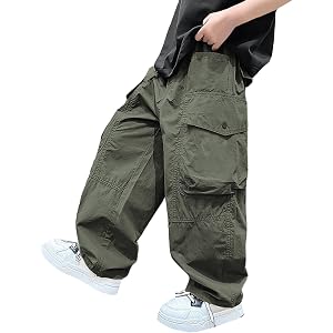qanhuilu Boys Baggy Cargo Pants Elastic Waist Kids Pants 6-12 Years | Loose Multi-Pocket School Travel Daily Casual Kids Pant