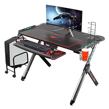 Eureka Ergonomic R1-S Gaming Tisch Gaming Schreibtisch Gaming Computertisch PC Schreibtisch Gamer mit RGB Beleuchtung Rot Mau