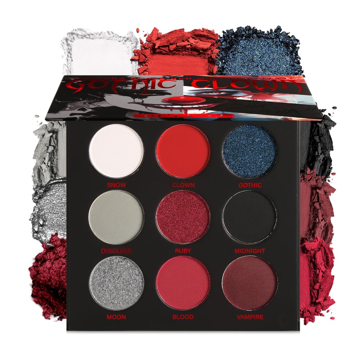 DE'LANCI 9 Colors Black Red Eyeshadow Palette, Horrorclown Goth Makeup, Silver White Shimmer Matte EyeShadow Palette, Waterproof Vegan Highly Pigmented Eye Shadow for Halloween Clown Goth SFX