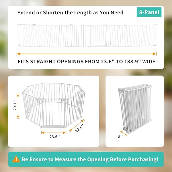 SHYUJAJIE EXTRA WIDE BABY GATE, 30″ TALL 189″ WIDE CONFIGURABLE BABY GATE FIREPLACE SAFETY FENCE, METAL PET SAFETY PLAYPEN FOR TODDLER/PET/DOG CHRISTMAS TREE FENCE (WHTIE, 8-PANEL)
