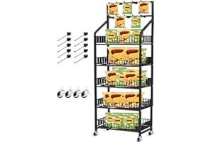 DoubleFill 1 Set Retail Display Rack Shelf Cart with Wheels and Hook Heavy-Duty Metal Snack Potato Chip Display Organizer Concession Stand for Supermarket Grocery Store Home Black (5 Tier 10 Hook)