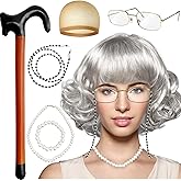 Eerrhhaq Old Lady Wig Costume Set for Women Girls,Short Curly Gray Hair Grandma Wig,Granny Costume Accessories Set for 100 Days of School Costume,Old Woman Cosplay,8 Pieces